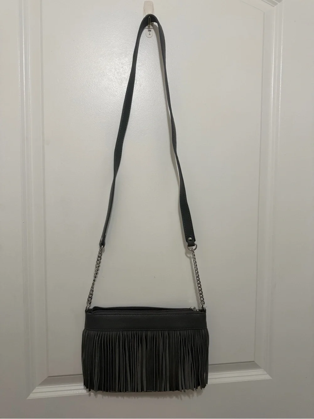 Neiman Marcus Gray Leather Fringe Crossbody Clutch